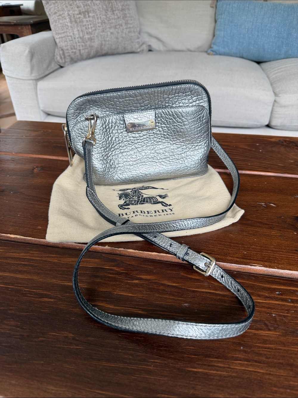 Burberry Metallic Silver Pebbled Leather Crossbody Bag | Small Zip Camera Style